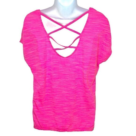 Tek Gear Athletic Short Sleeve Criss Cross Back Tee Workout Tshirt Hot Pink M - Picture 2 of 12